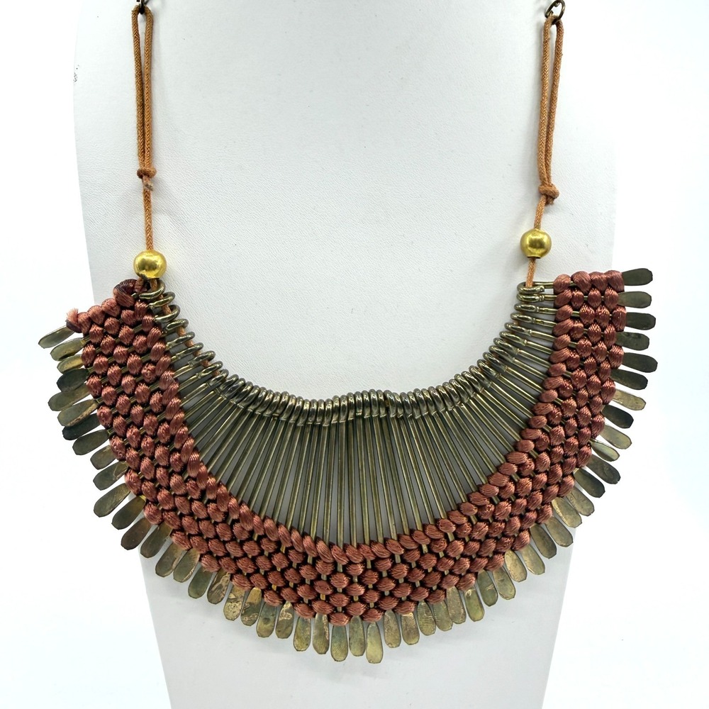 Boho Copper Tone Bib Necklace with Metallic Fringe & Macrame Artisan Style